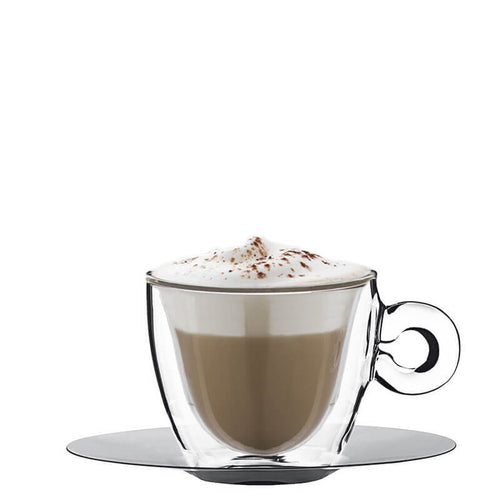 16 5 Cl Bormioli Luigi Thermic Glass Tazza Cappuccino Doppia Parete Con Piattino In Acciaio Set 2 Pz