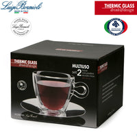 30 cl - Thermic Glass Tazza Multiuso In Vetro Termico Con Piattino In Acciaio Inonx - Set 2 Pz