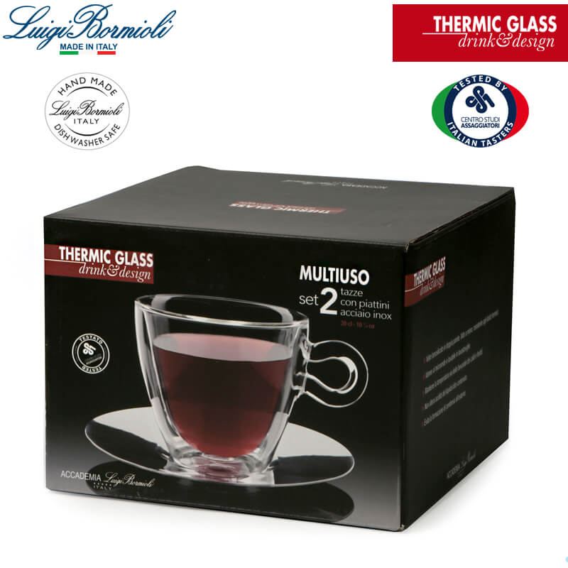 30 cl - Thermic Glass Multipurpose Mug In Thermal Glass With Stainless Steel Saucer - Set 2 Pieces