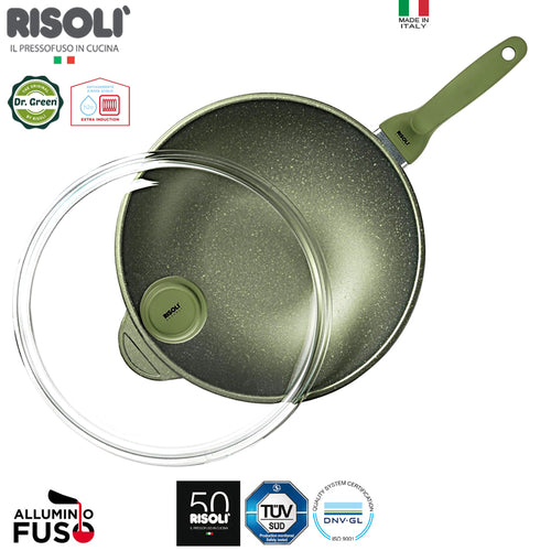 32 Cm Risoli Dr Green Stone Extra Induction Wok Antiaderente In Alluminio Con Coperchio