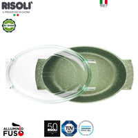 36X24 Cm Risoli Dr Green Stone Rostiera Ovale Antiaderente In Alluminiocon Coperchio In Vetro