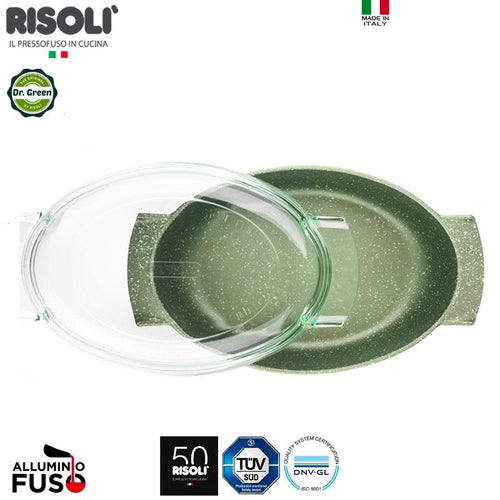 36X24 Cm Risoli Dr Green Stone Rostiera Ovale Antiaderente In Alluminiocon Coperchio In Vetro