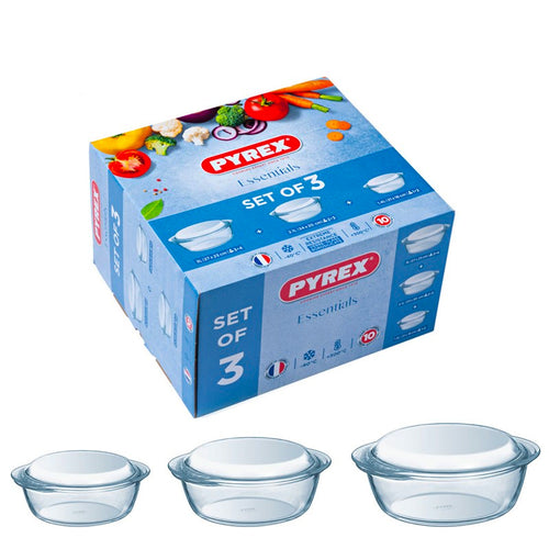 Pyrex Essentials Set Casseruole Rotonde In Vetro Borosilicato Con Coperchio Set 3 Pz