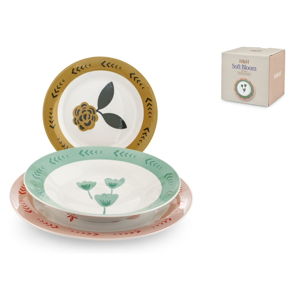 H&H Soft Bloom Servizio Piatti In Stoneware - Set 18 Pz