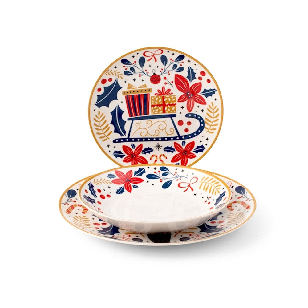 H&H Jolly Servizio Piatti Natalizio In Porcellana - Set 18 Pz