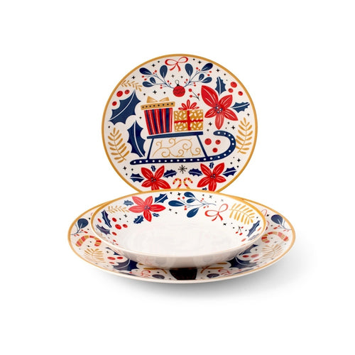 H&H Jolly Servizio Piatti Natalizio In Porcellana - Set 18 Pz