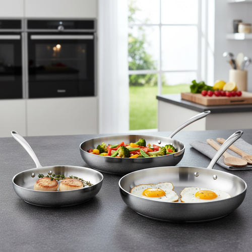 Agnelli Alu-Inox 3-Ply Set Padelle Basse Induzione Con Manico 1907 Inox In Aluinox Cromate Set 3 Pz