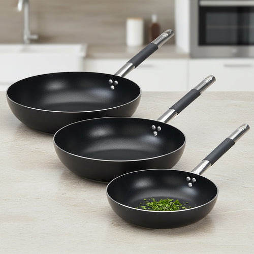 Alblack 3 mm Tris Padelle Alte Svasate Antiaderenti In Alluminio Con Manico Cool Inox - Set 3 Pz