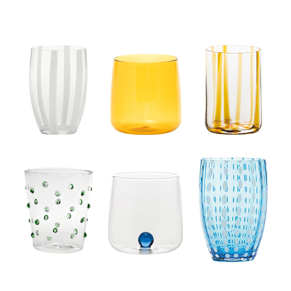 Zafferano Meltin Pot Mediterranean Classic Bicchieri Acqua Linee e Colori Assortiti In Vetro - Set 6 Pz