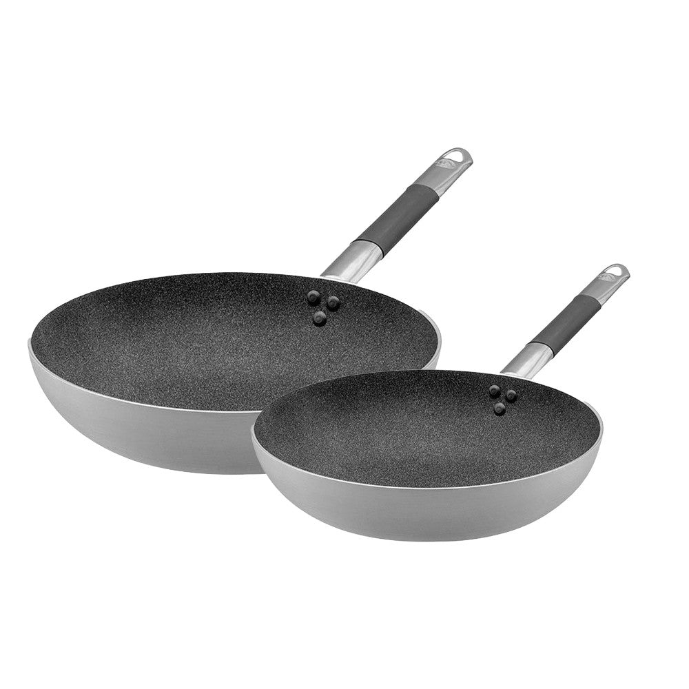 24-28 cm - Agnelli Sharkskin Set Padelle Alte Svasate In Alluminio Antiaderenti Con Manici In Acciaio Inox Cool - Set 2 Pz
