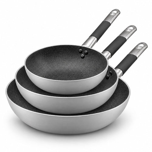 32-28-24 cm - Agnelli SharkSkin Tris Padelle Alte Svasate Antiaderenti Induzione In Alluminio Con Manico Cool Inox - Set 3 Pz