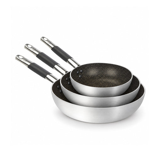 28-24-20 cm - Agnelli Effetto Pietra Tris Padelle Alte Svasate Antiaderenti In Alluminio Con Manico Cool Inox - Set 3 Pz
