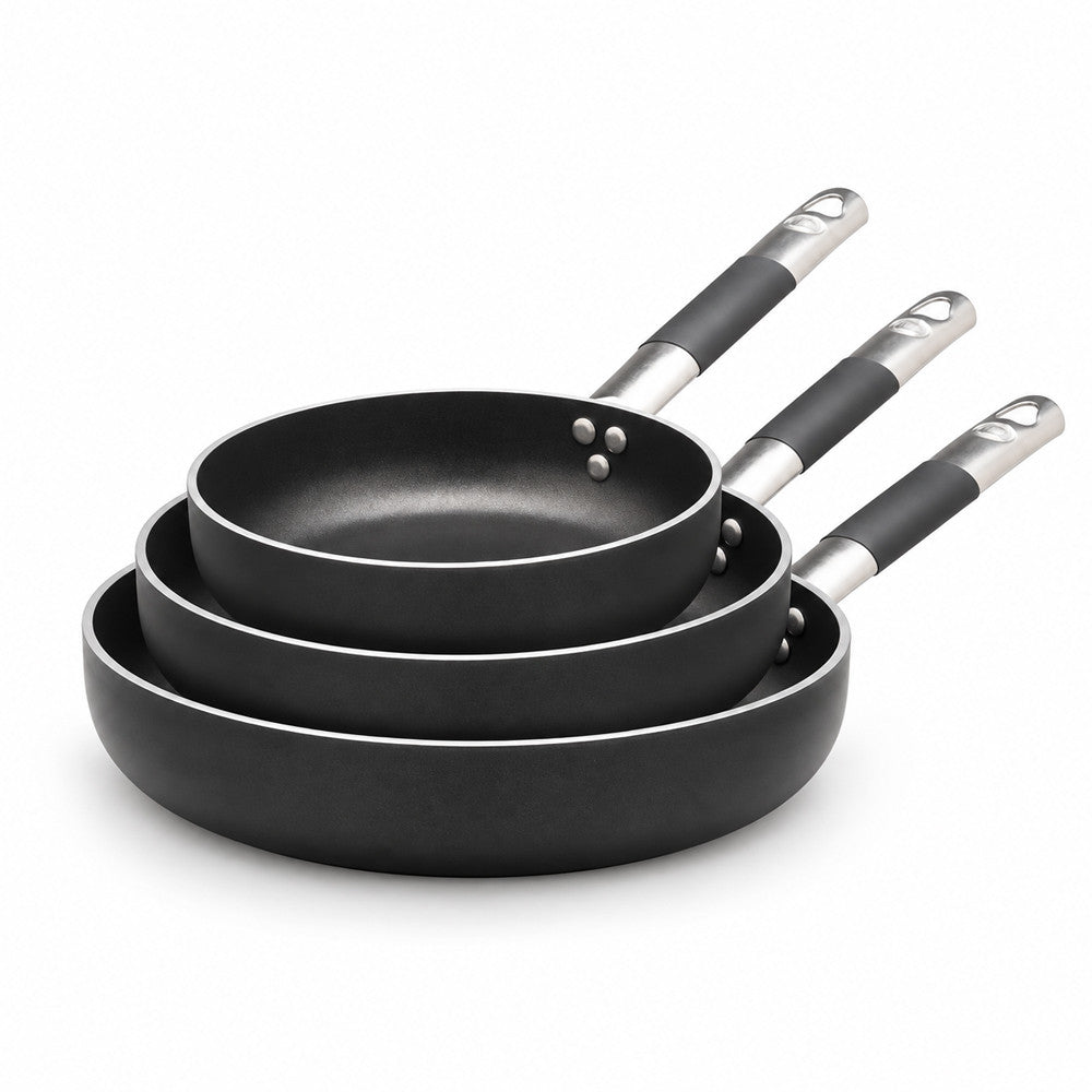 28-24-20 cm - Agnelli AlBlack Tris Padelle Alte Antiaderenti Induzione In Alluminio Con Manico Cool Inox - Set 3 Pz