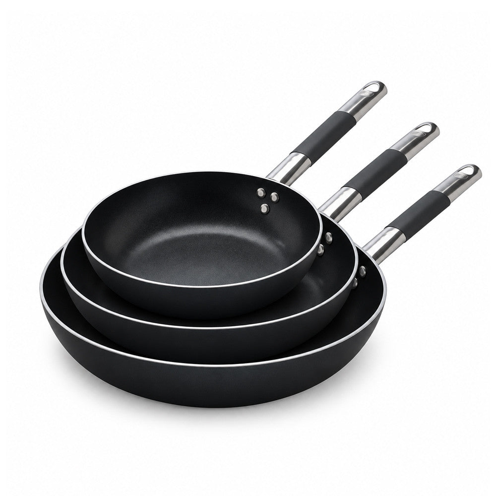 32-28-24 cm - Agnelli AlBlack Tris Padelle Alte Svasate Antiaderenti Induzione In Alluminio Con Manico Cool Inox - Set 3 Pz