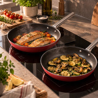 26-28 cm - Cookware 50's Style Set Padelle Basse Antiaderenti In Alluminio Con Manico In Acciaio Inox
