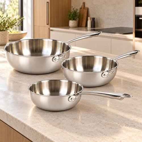 20-24-28 cm - Alu-Inox 3-Ply Set Padelle Alte Da Mantecatura Con Manico In AluInox - Set 3 Pz