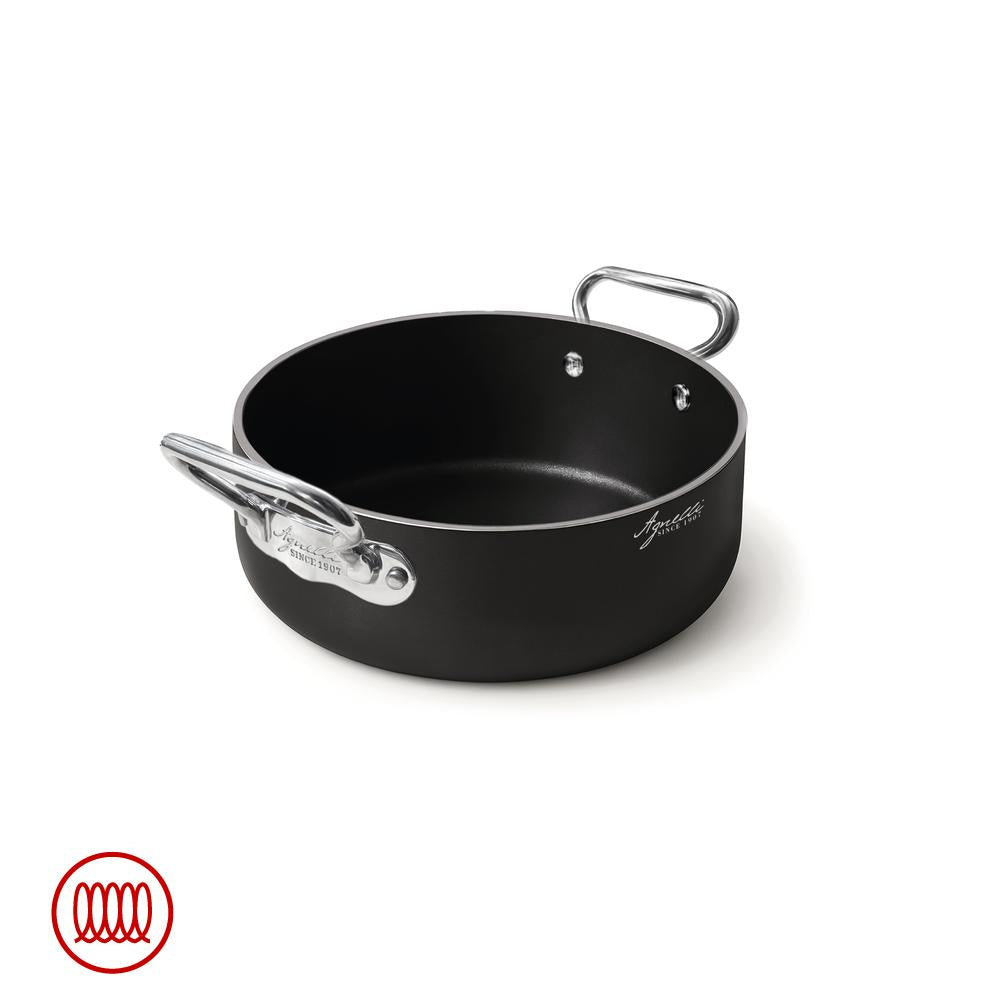 Agnelli AlBlack 1907 Casseruola Bassa Induzione In Alluminio Antiaderente 5mm Con 2 Maniglie Inox