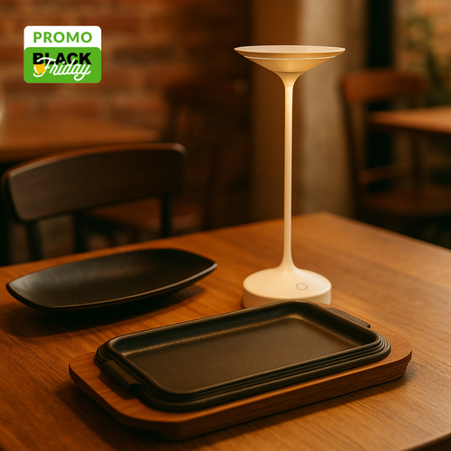 Abert Tischlampe (Weiß) + Tognana Serviertablett + Ilsa Gusseisenteller