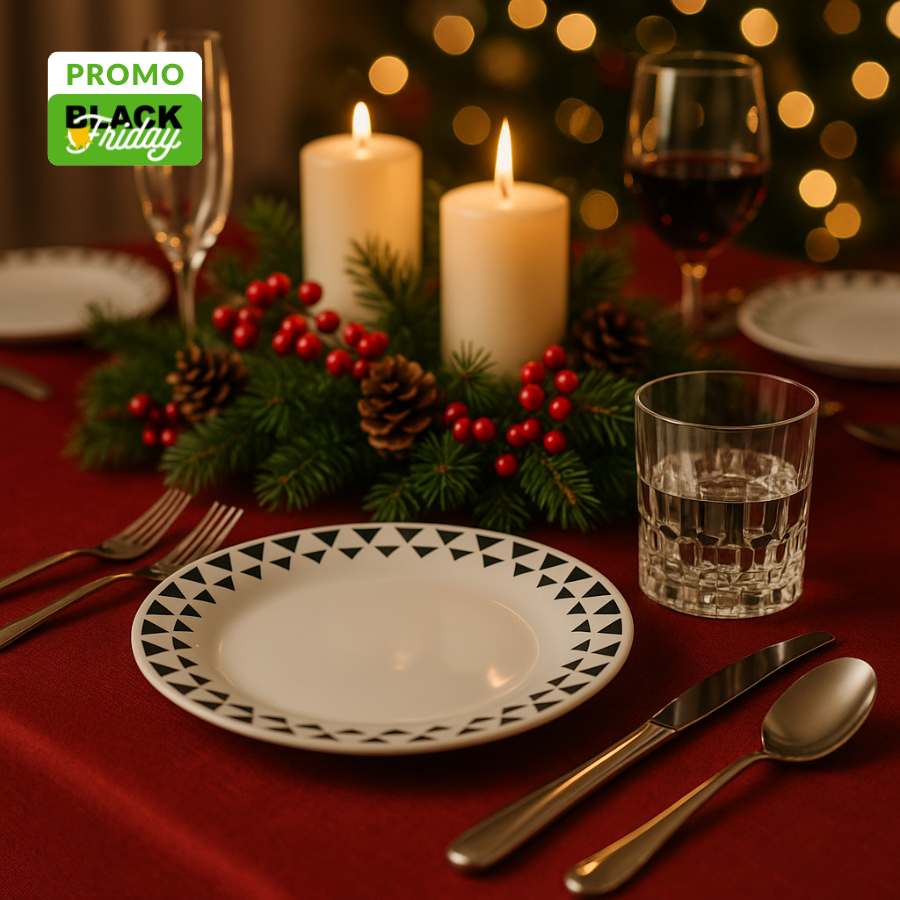 Porzellan-Tafelservice + Besteckset aus Edelstahl + Wassergläser-Set