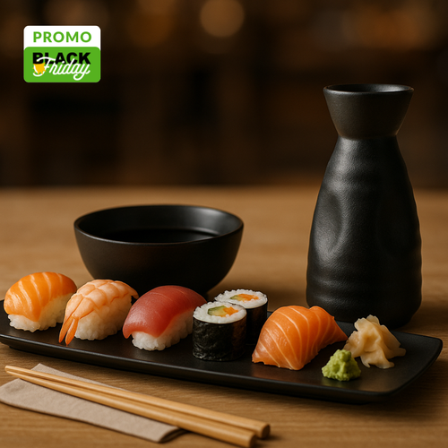 Set aus 2 Rechteckigen Stoneware-Tabletts + Sake-Flasche + Stoneware-Schale