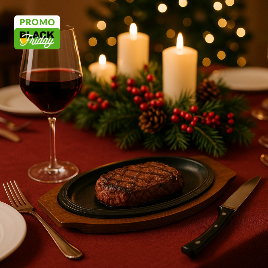 Steakmesser-Set + Gusseisenteller + Rotweinglas