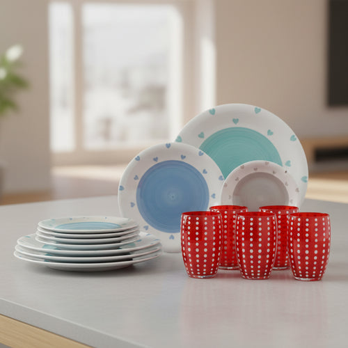 Zafferano Perle Glass Set (Red, 6 pcs) + Tognana Stoneware Dinner Set (18 pcs)