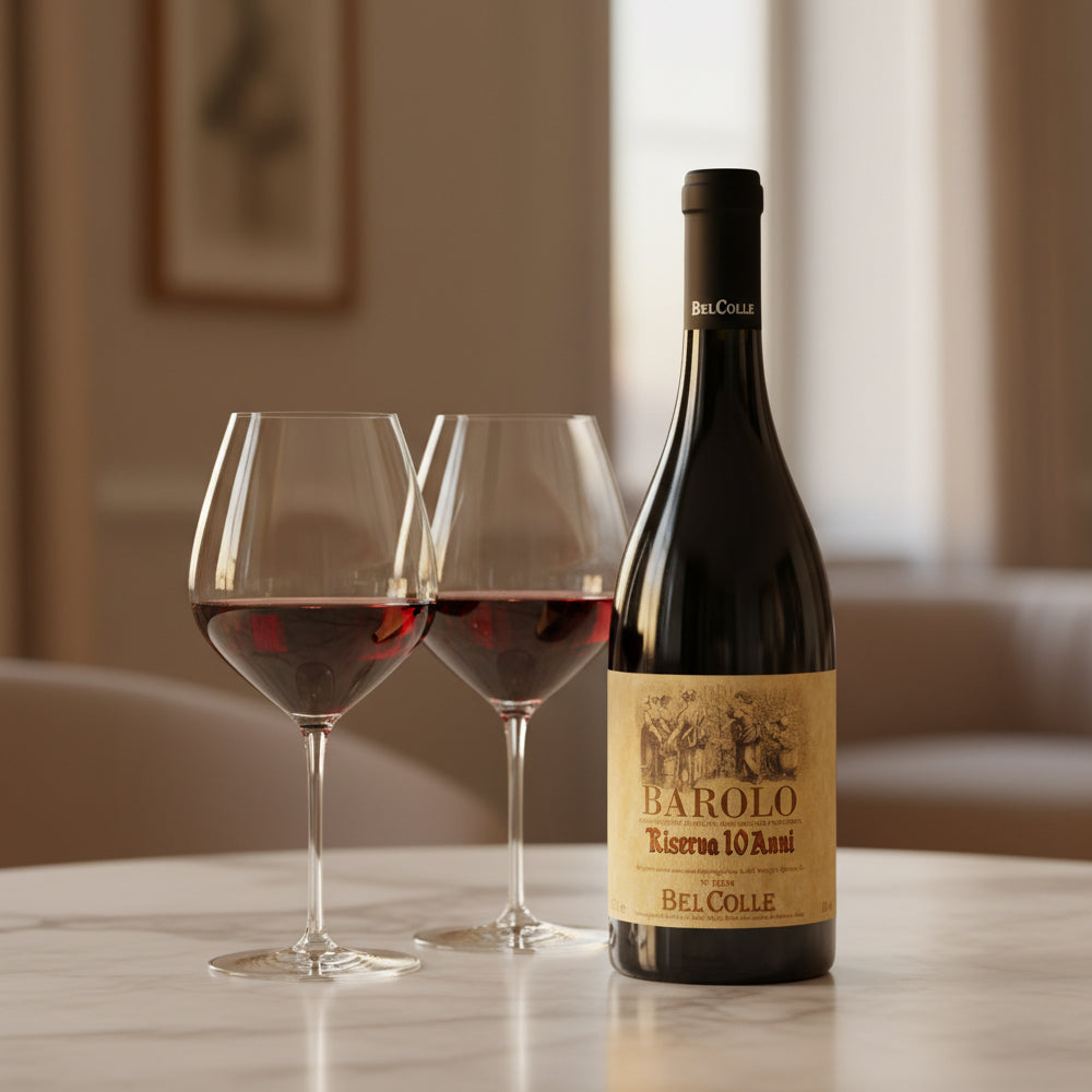 Barolo DOCG Riserva 10 Jahre 2015 Bel Colle + 6 Gläser Rotwein Atelier 80 cl