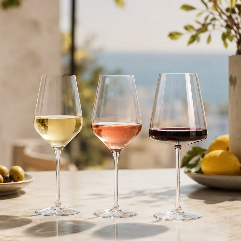 Wine glasses for white rosé red and sparkling wines in summer