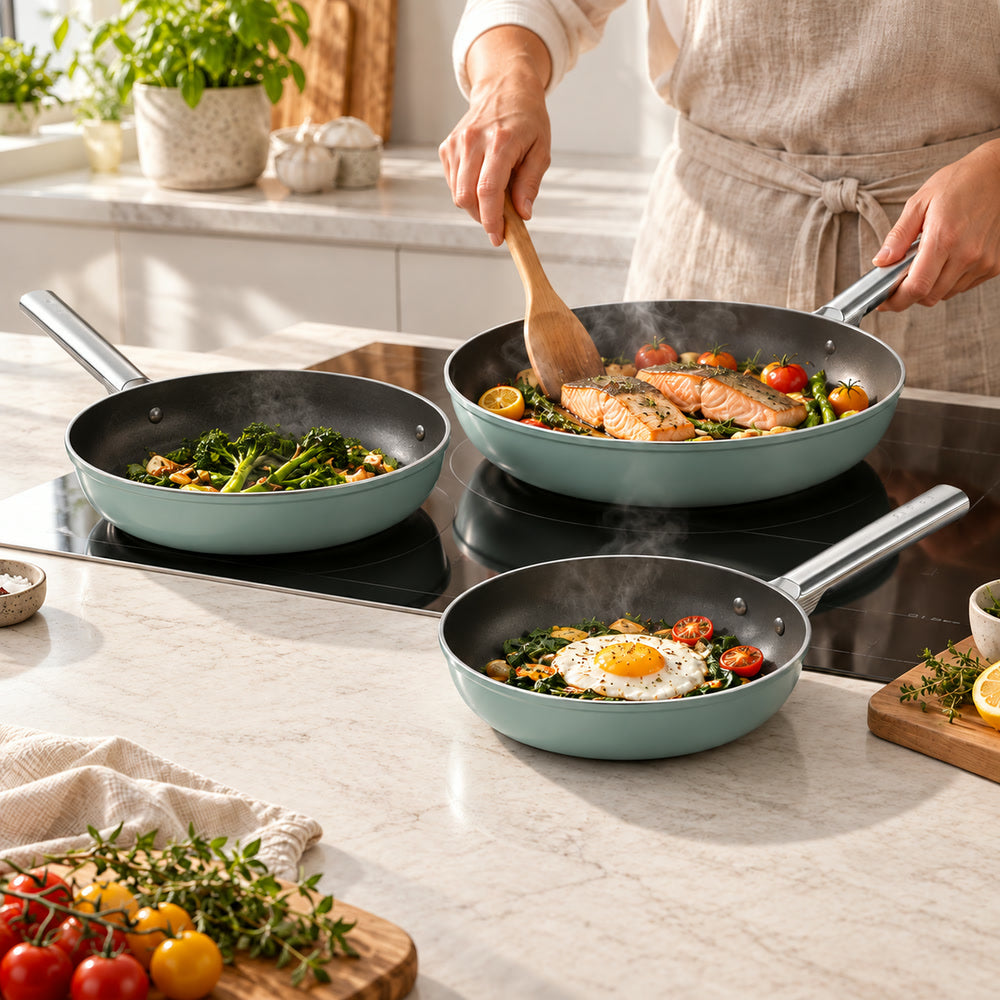 20-24-28 cm - Cookware Tris Padelle Basse Rivestimento Ceramico In Alluminio - Set 3 Pz