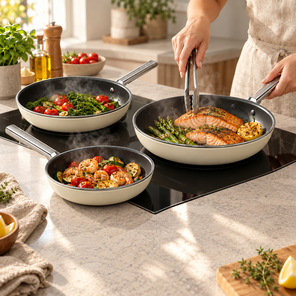 20-24-28 cm - Cookware Tris Padelle Basse Rivestimento Ceramico In Alluminio - Set 3 Pz