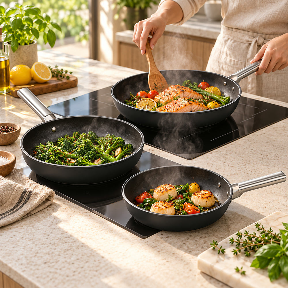 20-24-28 cm - Cookware Tris Padelle Basse Rivestimento Ceramico In Alluminio - Set 3 Pz