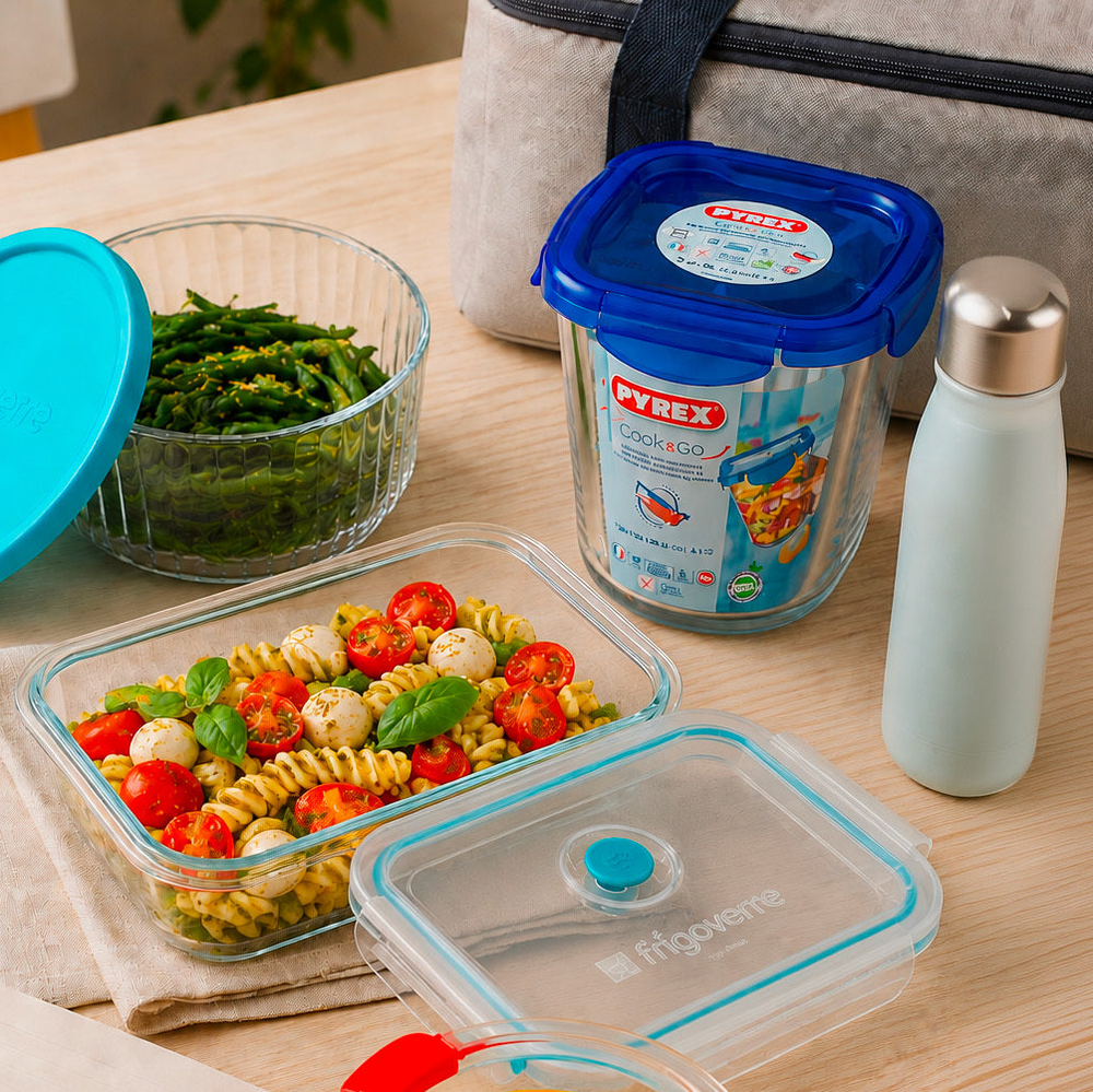 Contenitori per alimenti con insalata e ingredienti freschi su un tavolo.